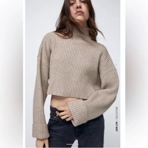 Zara tan oversized crop knit mock neck sweater
